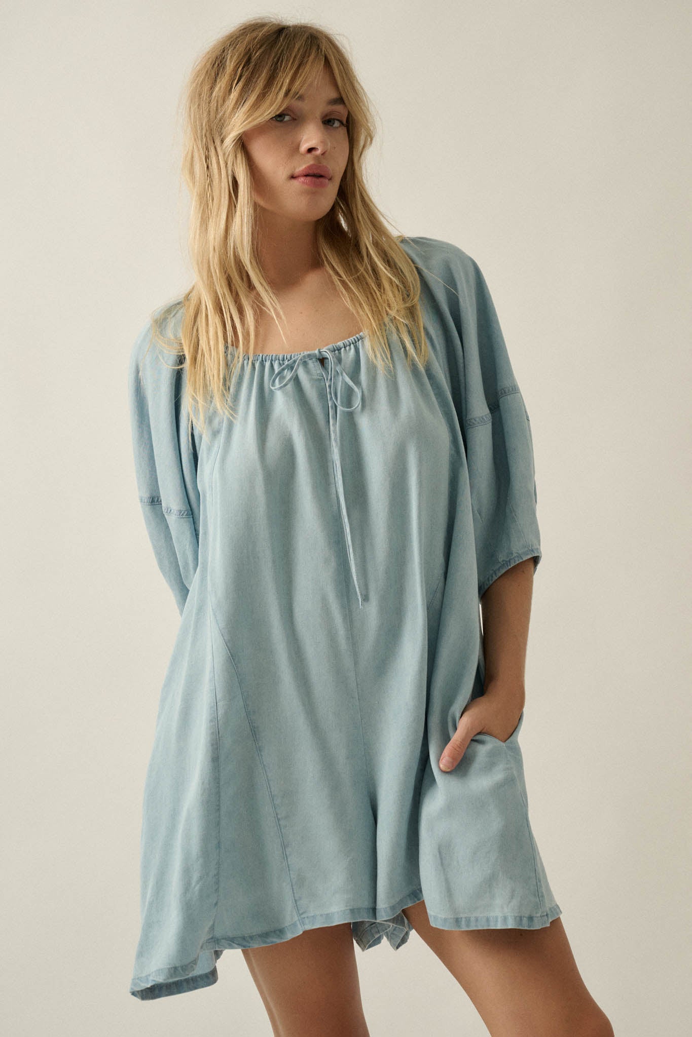 Beyond the Clouds Denim Puff-Sleeve Babydoll Romper - ShopPromesa