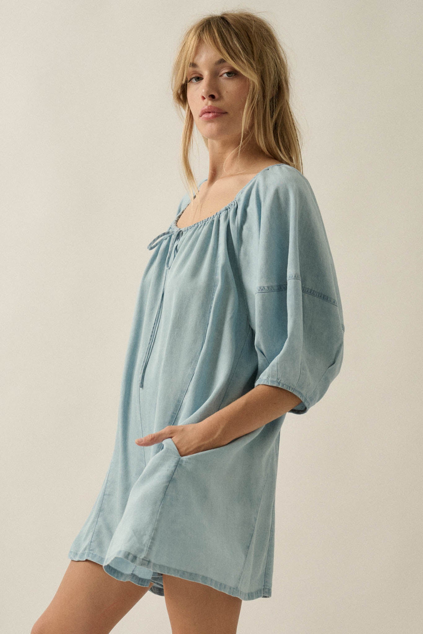 Beyond the Clouds Denim Puff-Sleeve Babydoll Romper - ShopPromesa