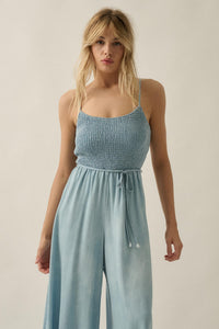 Clear Skies Smocked Denim Wide-Leg Cami Jumpsuit - ShopPromesa
