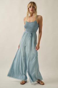 Clear Skies Smocked Denim Wide-Leg Cami Jumpsuit - ShopPromesa