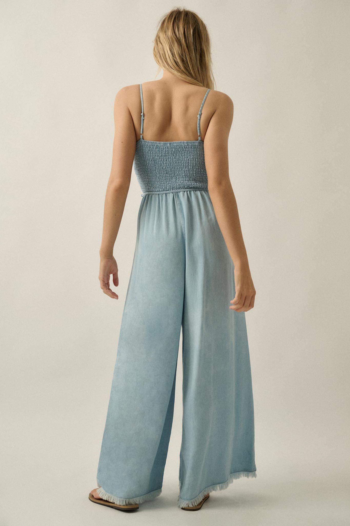 Clear Skies Smocked Denim Wide-Leg Cami Jumpsuit - ShopPromesa