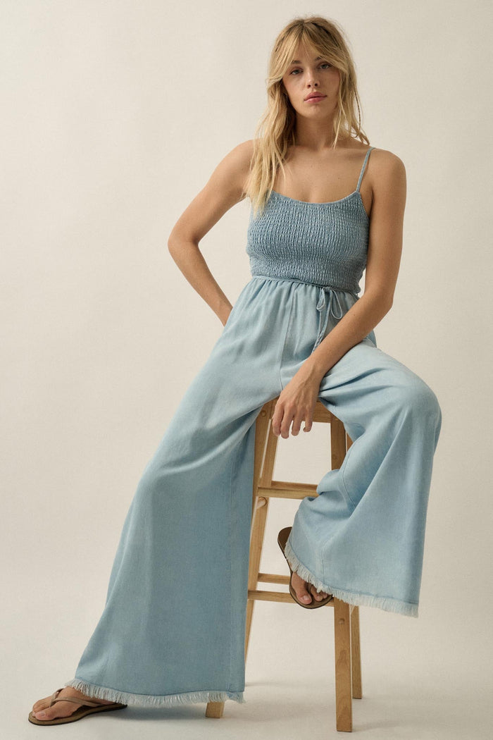 Clear Skies Smocked Denim Wide-Leg Cami Jumpsuit - ShopPromesa