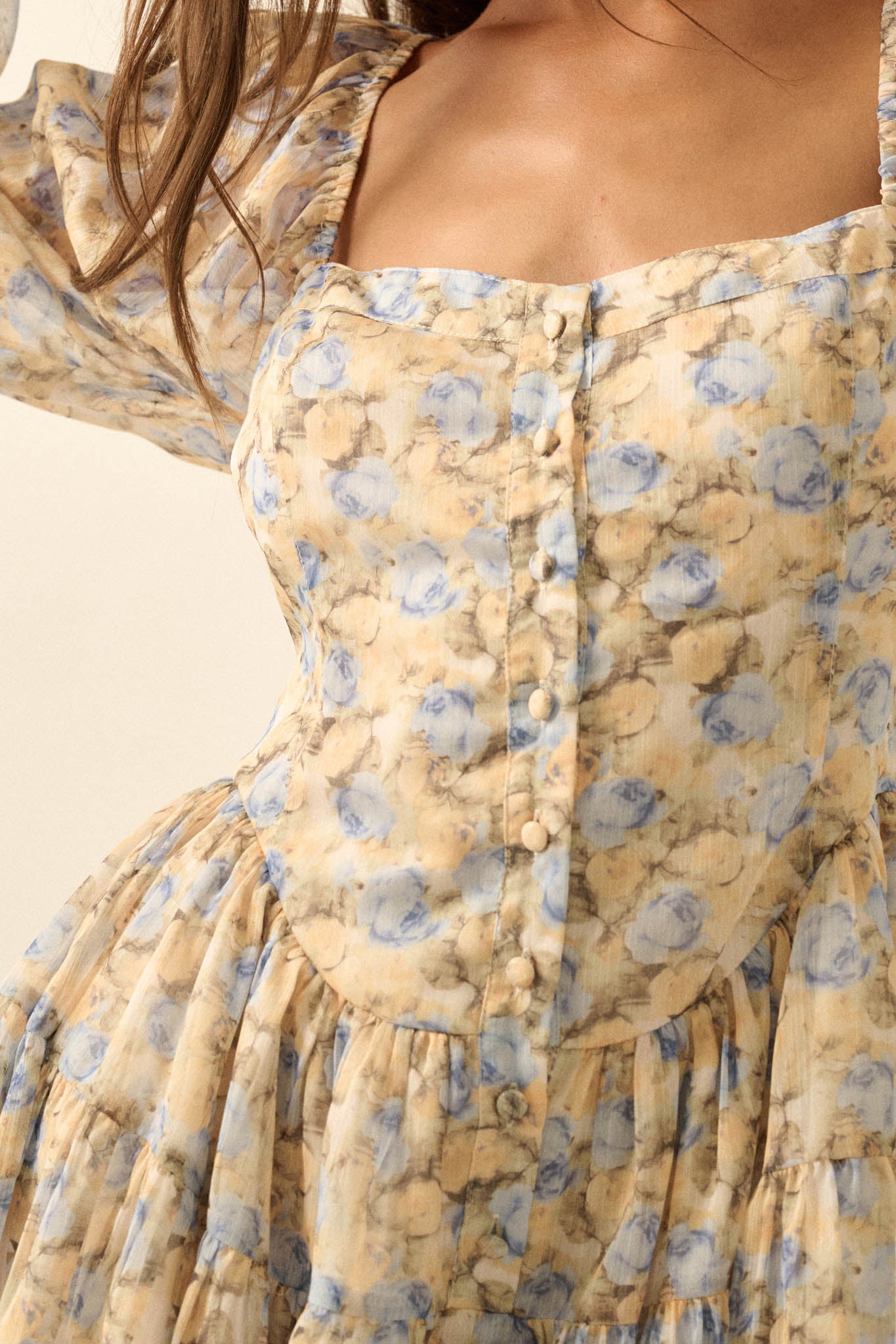 Sunlit Kiss Floral Chiffon Tiered Ruffle Romper - ShopPromesa