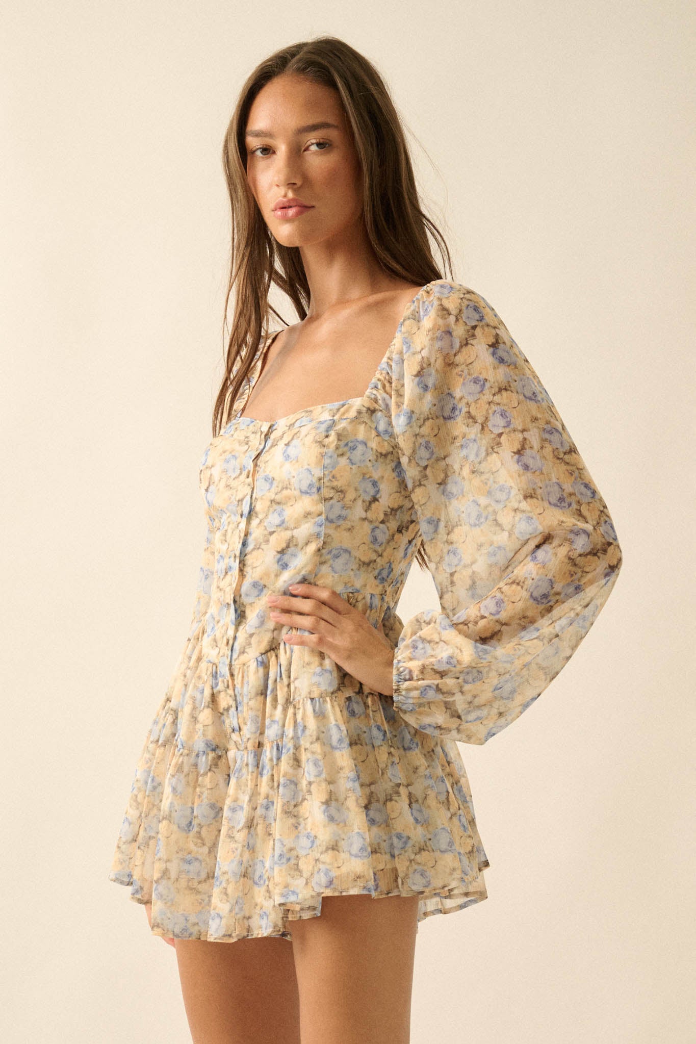 Sunlit Kiss Floral Chiffon Tiered Ruffle Romper - ShopPromesa