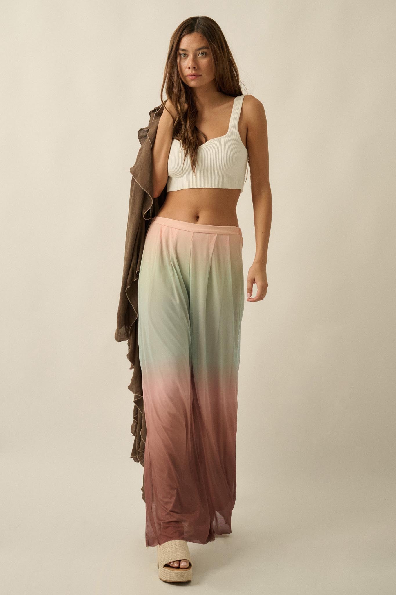 Soft Sunset Ombre Mesh Pleated Wide-Leg Pants - ShopPromesa