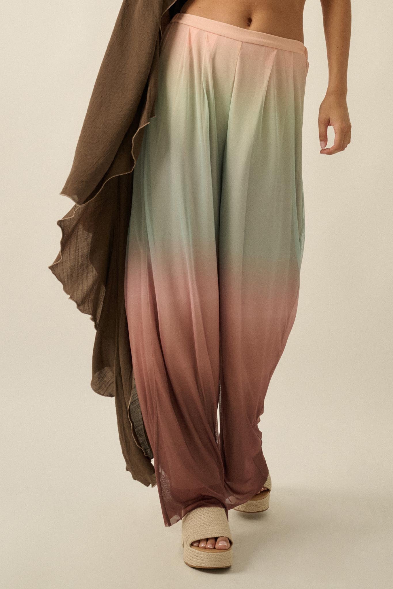 Soft Sunset Ombre Mesh Pleated Wide-Leg Pants - ShopPromesa