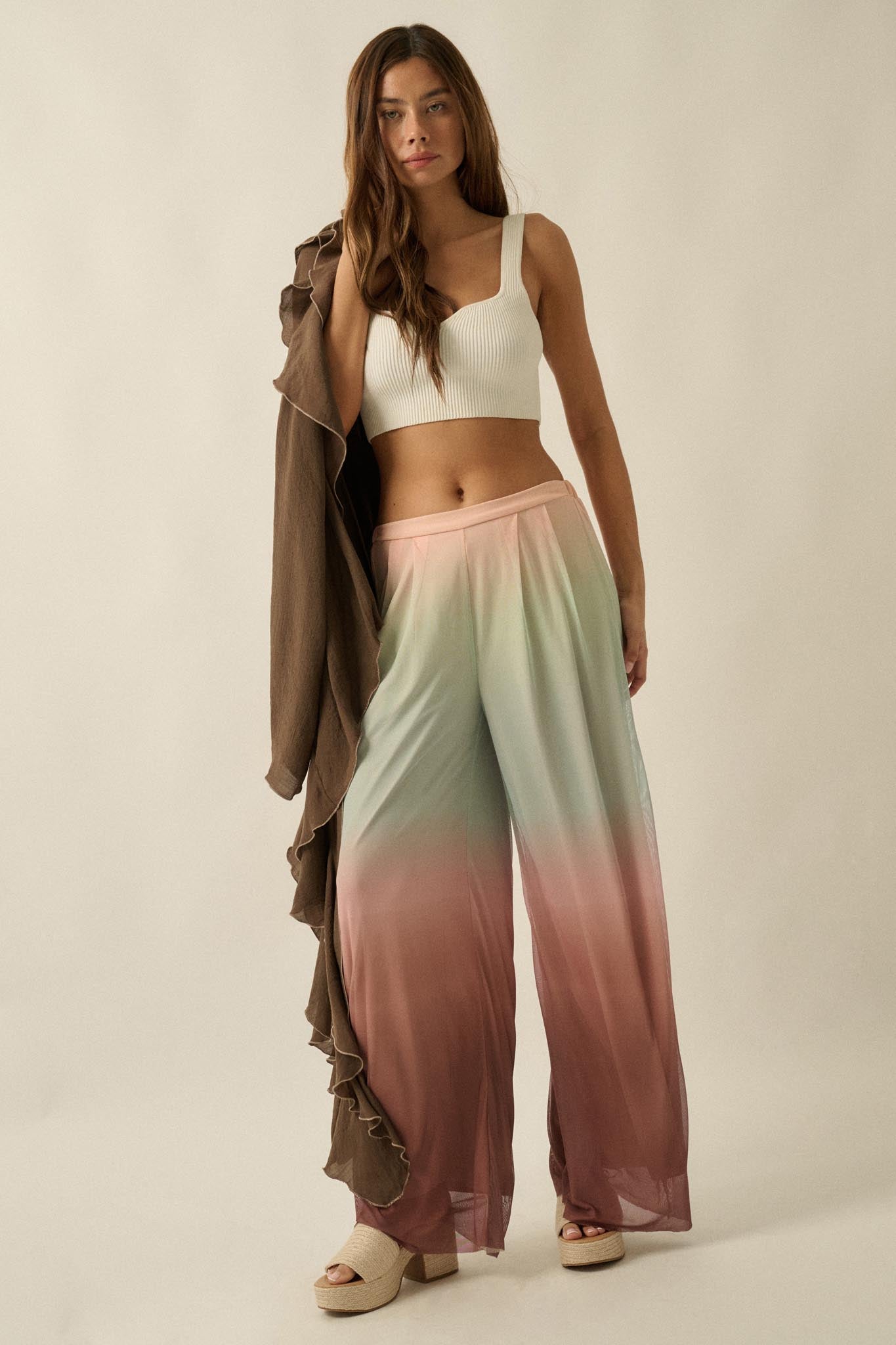 Soft Sunset Ombre Mesh Pleated Wide-Leg Pants - ShopPromesa