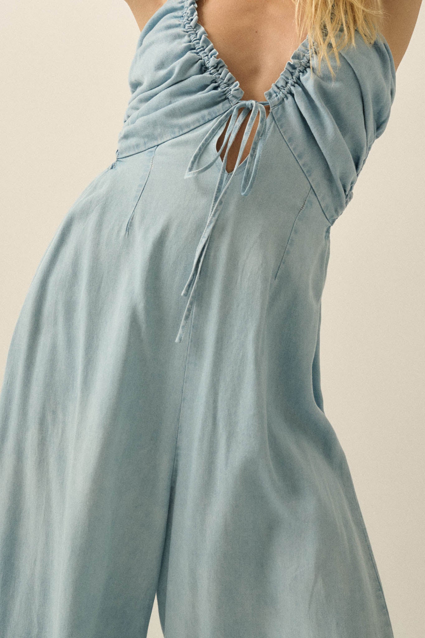 Summer Skies Denim Wide-Leg Halter Jumpsuit - ShopPromesa