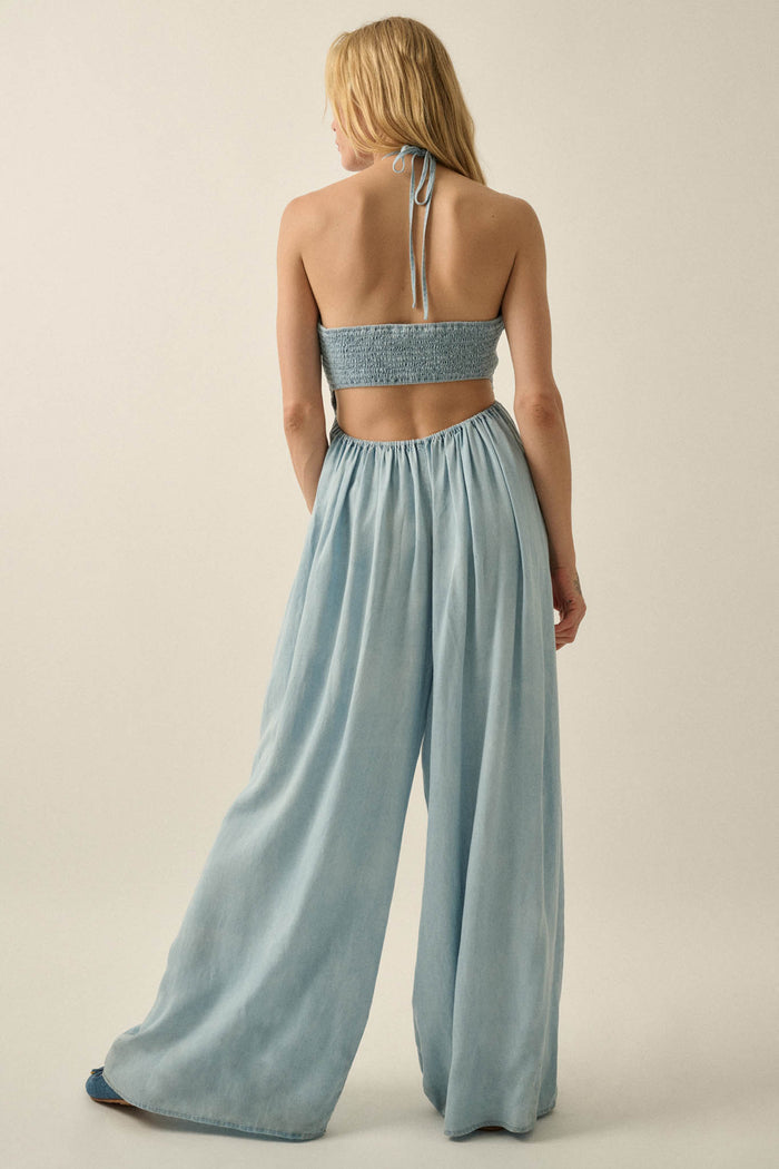 Summer Skies Denim Wide-Leg Halter Jumpsuit - ShopPromesa