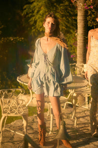 Bright Sky Ruffled Denim Tie-Front Romper - ShopPromesa