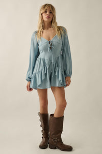 Bright Sky Ruffled Denim Tie-Front Romper - ShopPromesa