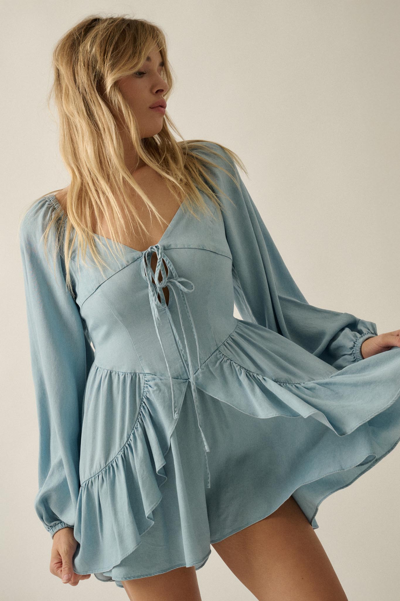 Bright Sky Ruffled Denim Tie-Front Romper - ShopPromesa