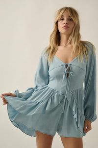 Bright Sky Ruffled Denim Tie-Front Romper - ShopPromesa