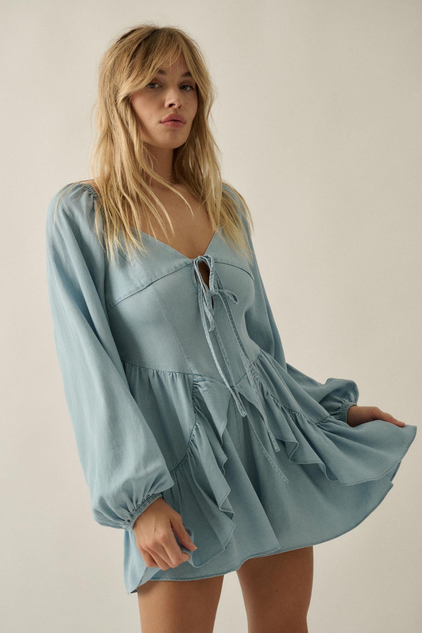 Bright Sky Ruffled Denim Tie-Front Romper - ShopPromesa