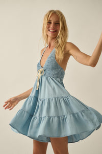 Denim Doll Smocked Tiered Halter Romper - ShopPromesa