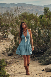 Denim Doll Smocked Tiered Halter Romper - ShopPromesa