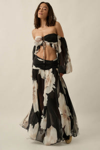 Pretty Peonies Floral Chiffon Drop-Waist Maxi Skirt - ShopPromesa