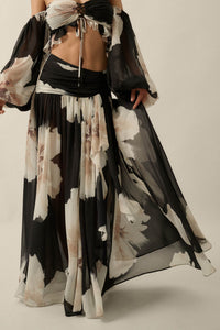 Pretty Peonies Floral Chiffon Drop-Waist Maxi Skirt - ShopPromesa