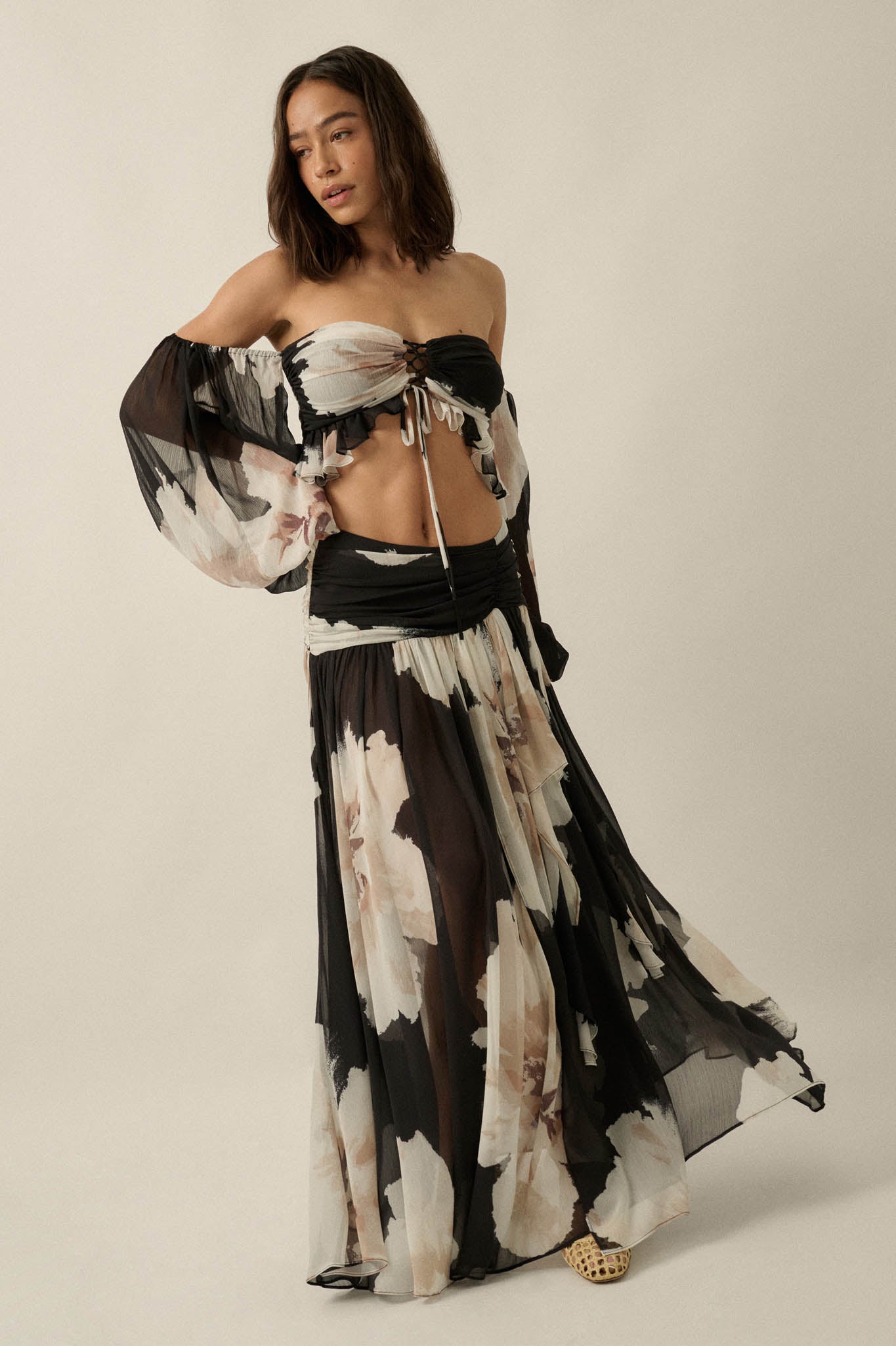 Pretty Peonies Floral Chiffon Drop-Waist Maxi Skirt - ShopPromesa