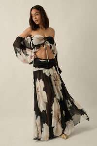 Pretty Peonies Floral Chiffon Drop-Waist Maxi Skirt - ShopPromesa