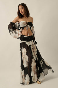 Pretty Peonies Floral Chiffon Drop-Waist Maxi Skirt - ShopPromesa