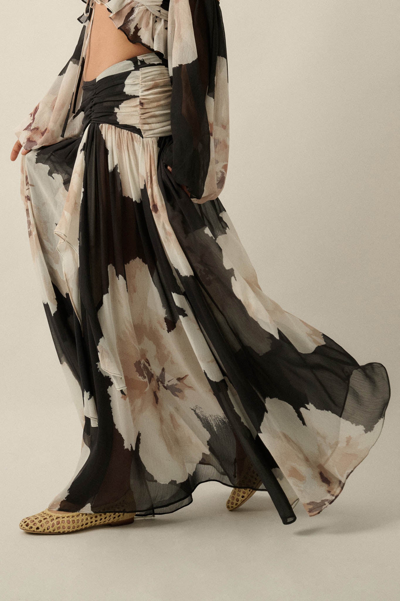 Pretty Peonies Floral Chiffon Drop-Waist Maxi Skirt - ShopPromesa
