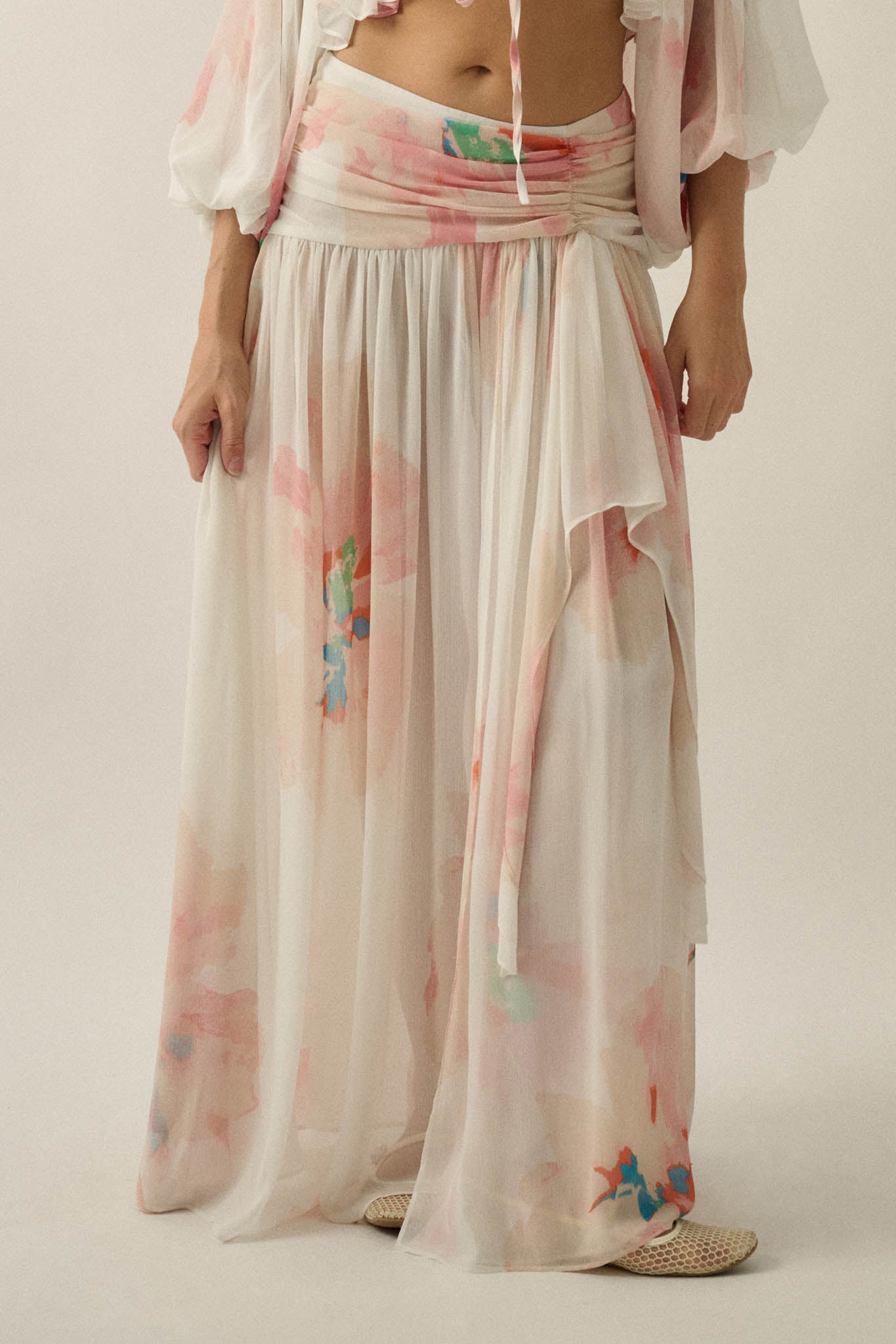 Pretty Peonies Floral Chiffon Drop-Waist Maxi Skirt - ShopPromesa