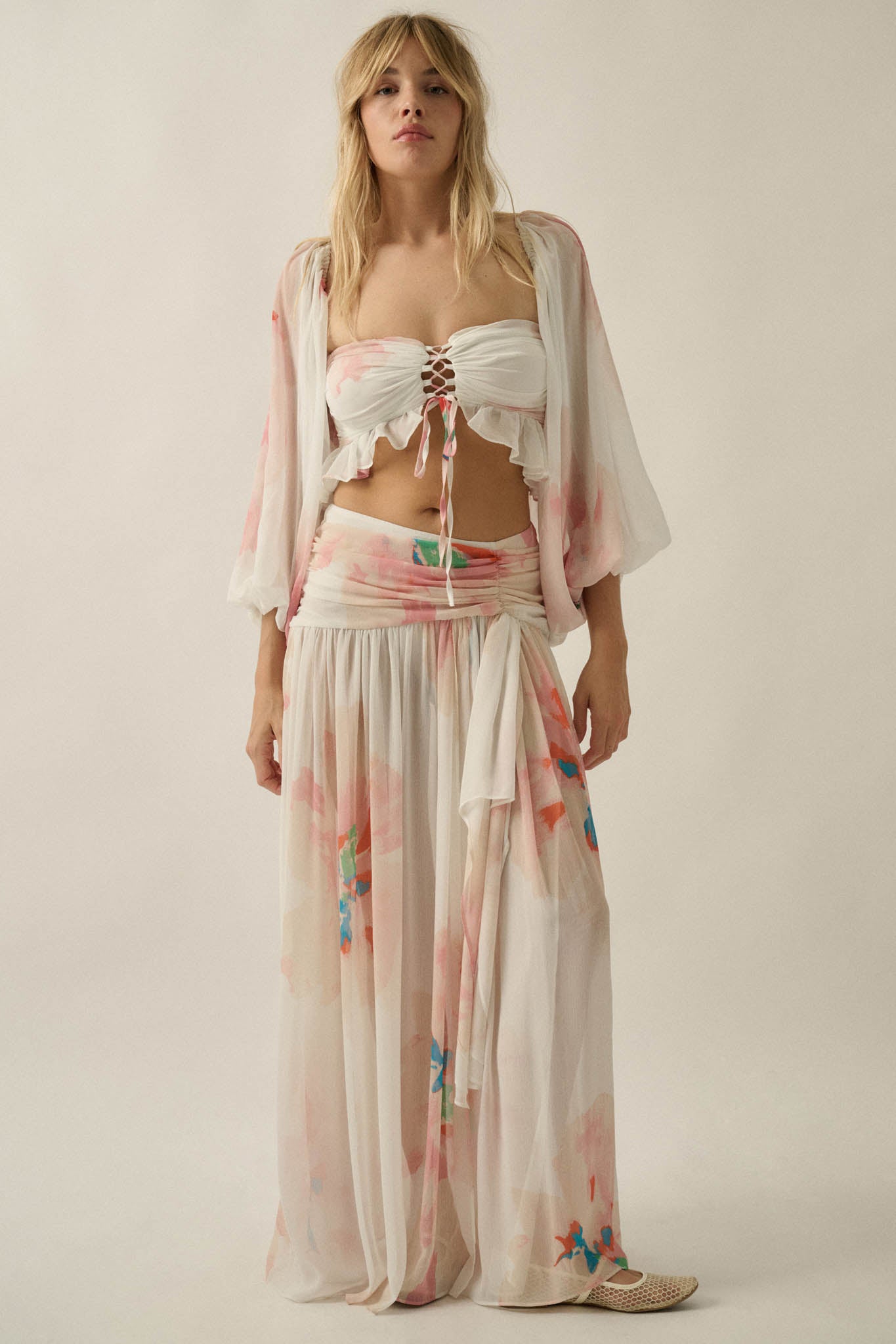 Pretty Peonies Floral Chiffon Drop-Waist Maxi Skirt - ShopPromesa