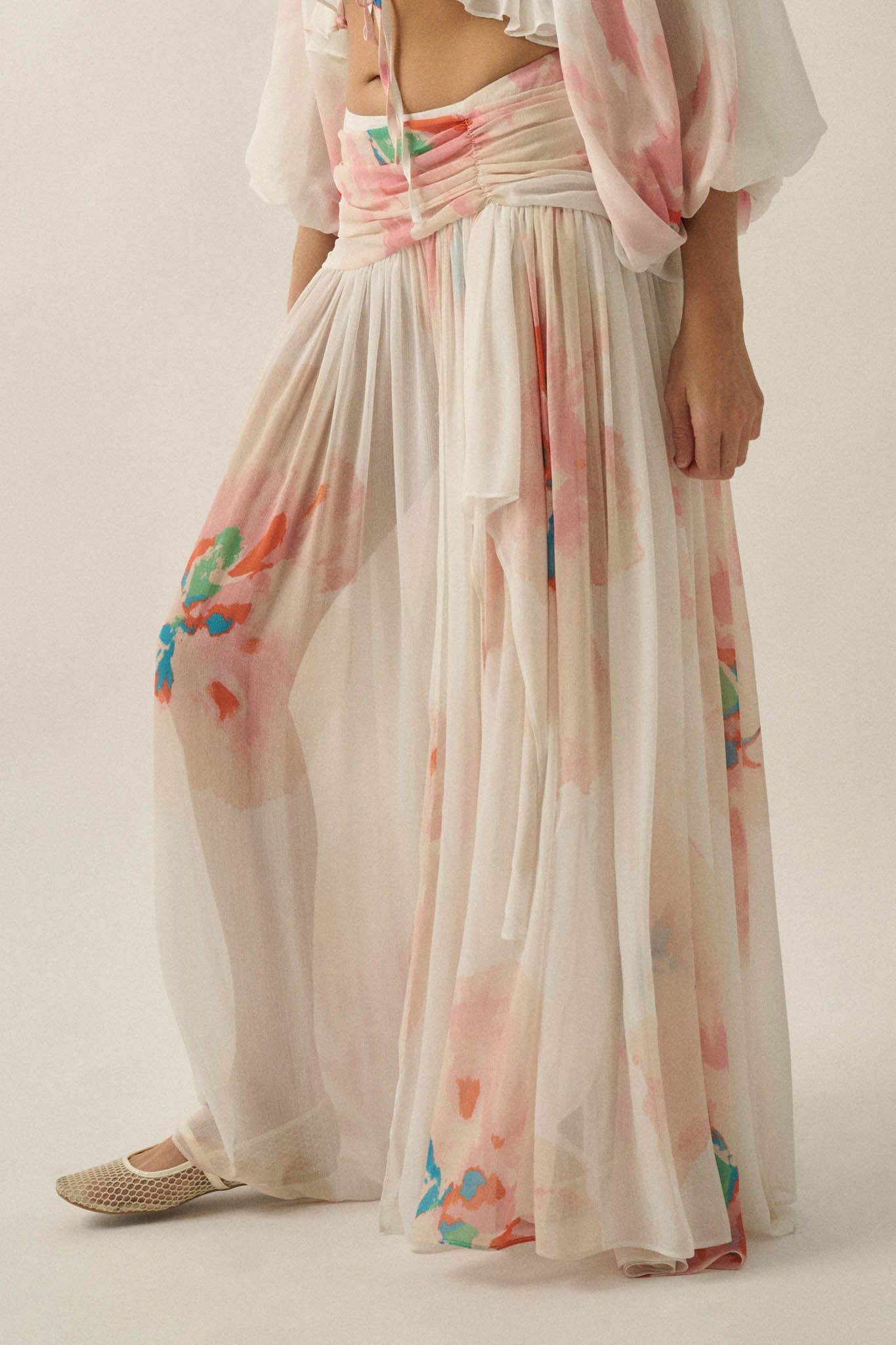 Pretty Peonies Floral Chiffon Drop-Waist Maxi Skirt - ShopPromesa