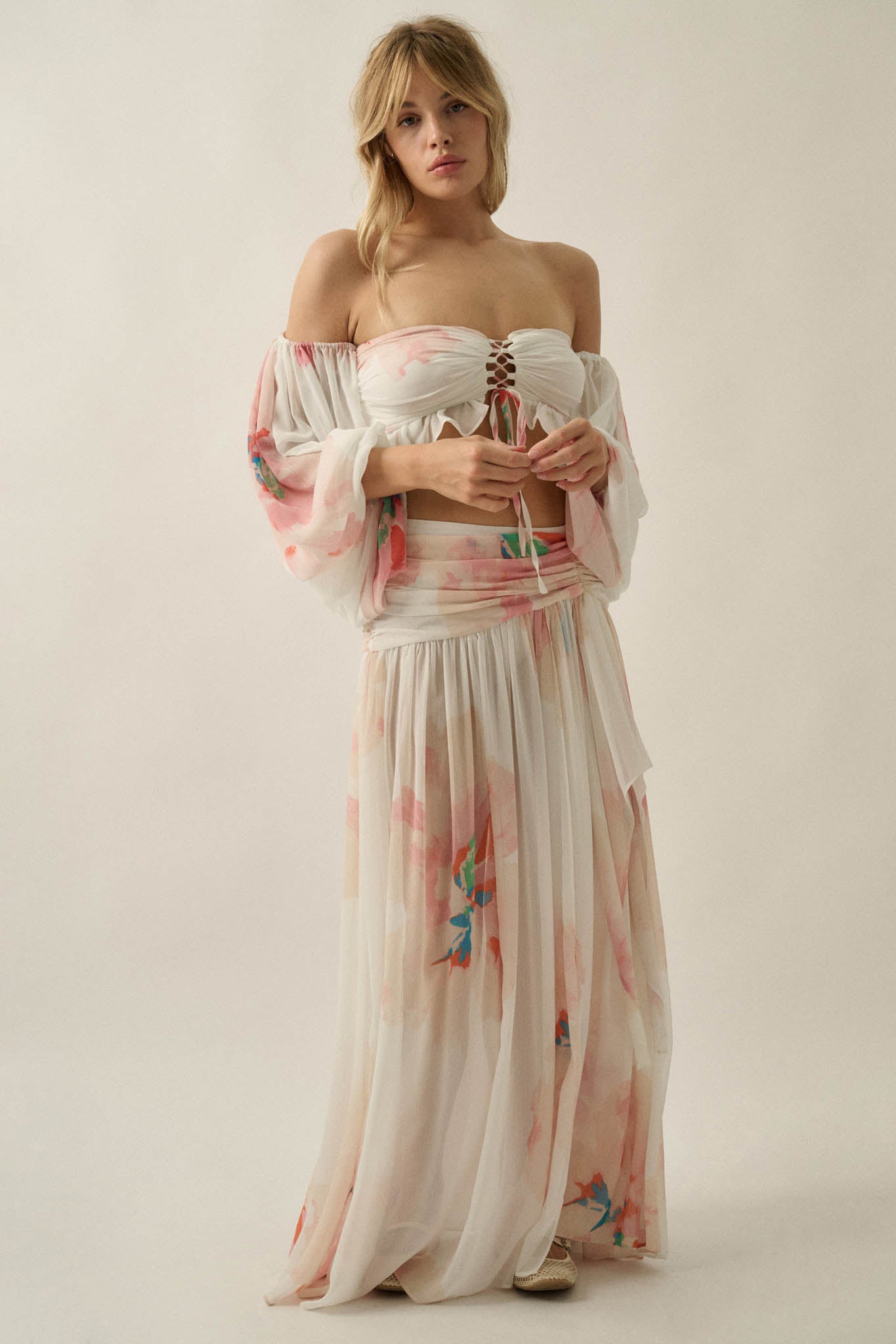 Pretty Peonies Floral Chiffon Drop-Waist Maxi Skirt - ShopPromesa