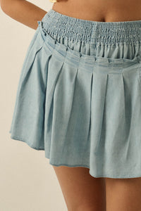 Blue Belle Smocked Denim Pleated Wrap Mini Skort - ShopPromesa