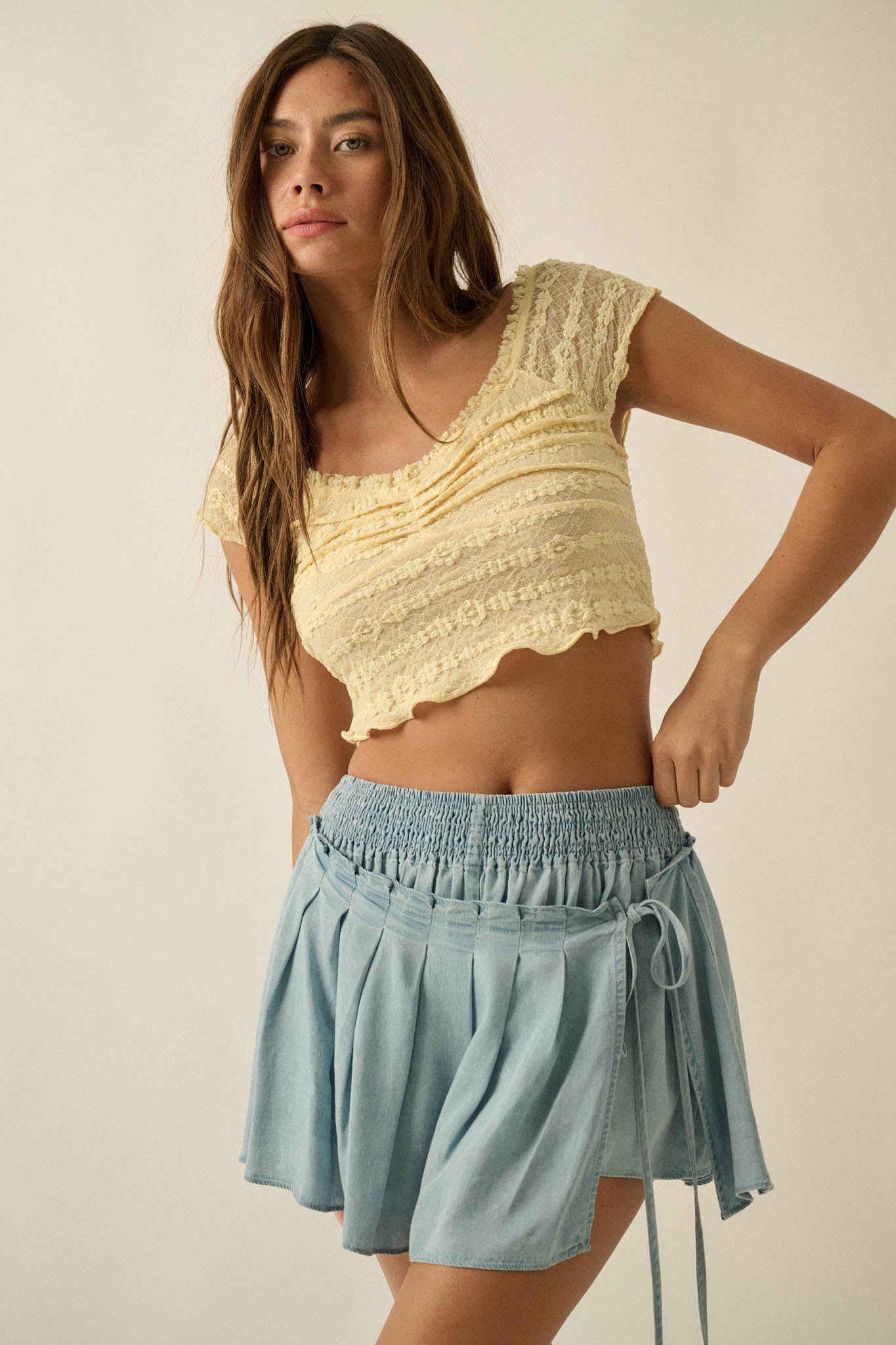 Blue Belle Smocked Denim Pleated Wrap Mini Skort - ShopPromesa