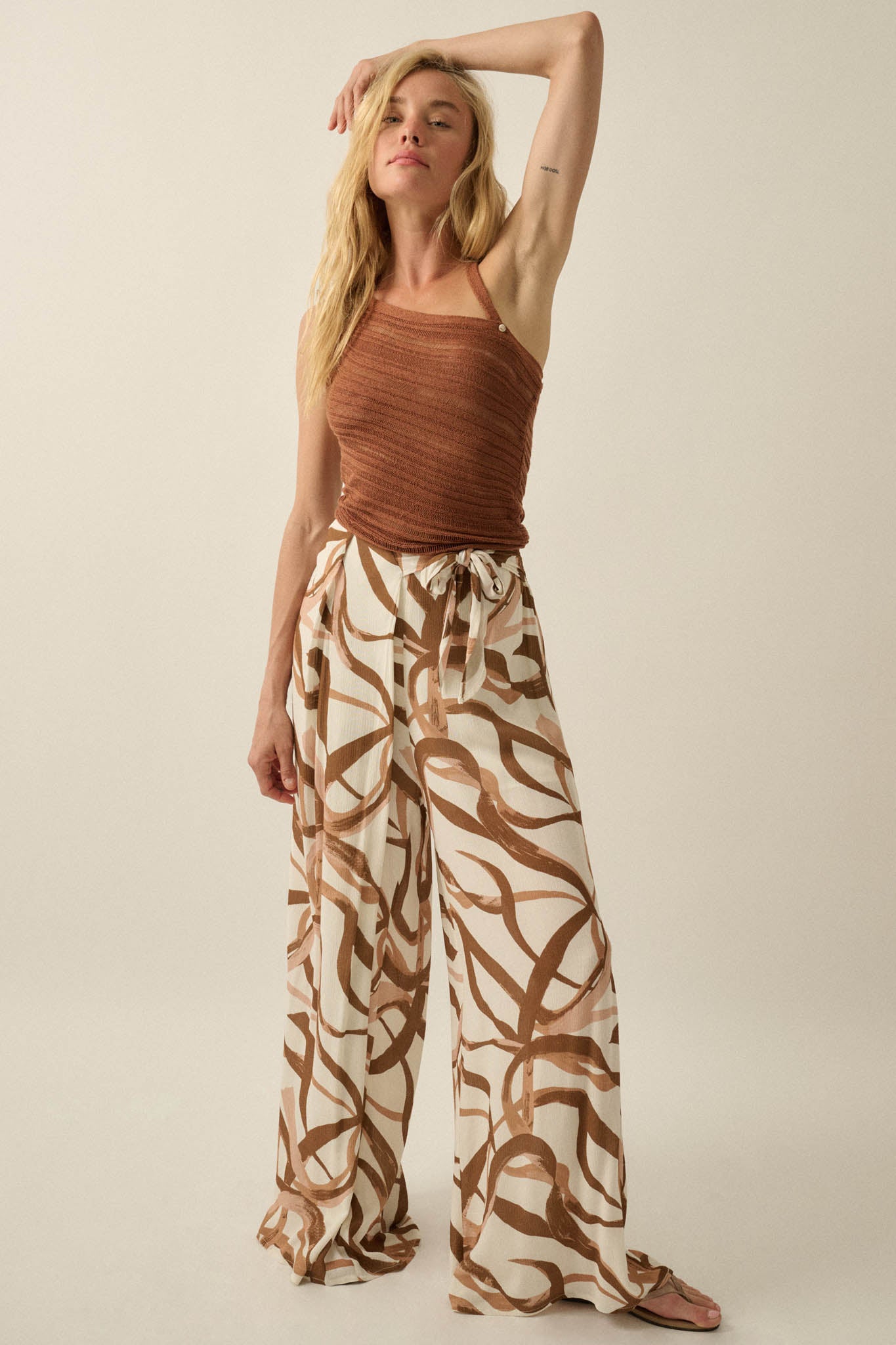 Loose Ends Ribbon-Print Wide-Leg Wrap Pants - ShopPromesa
