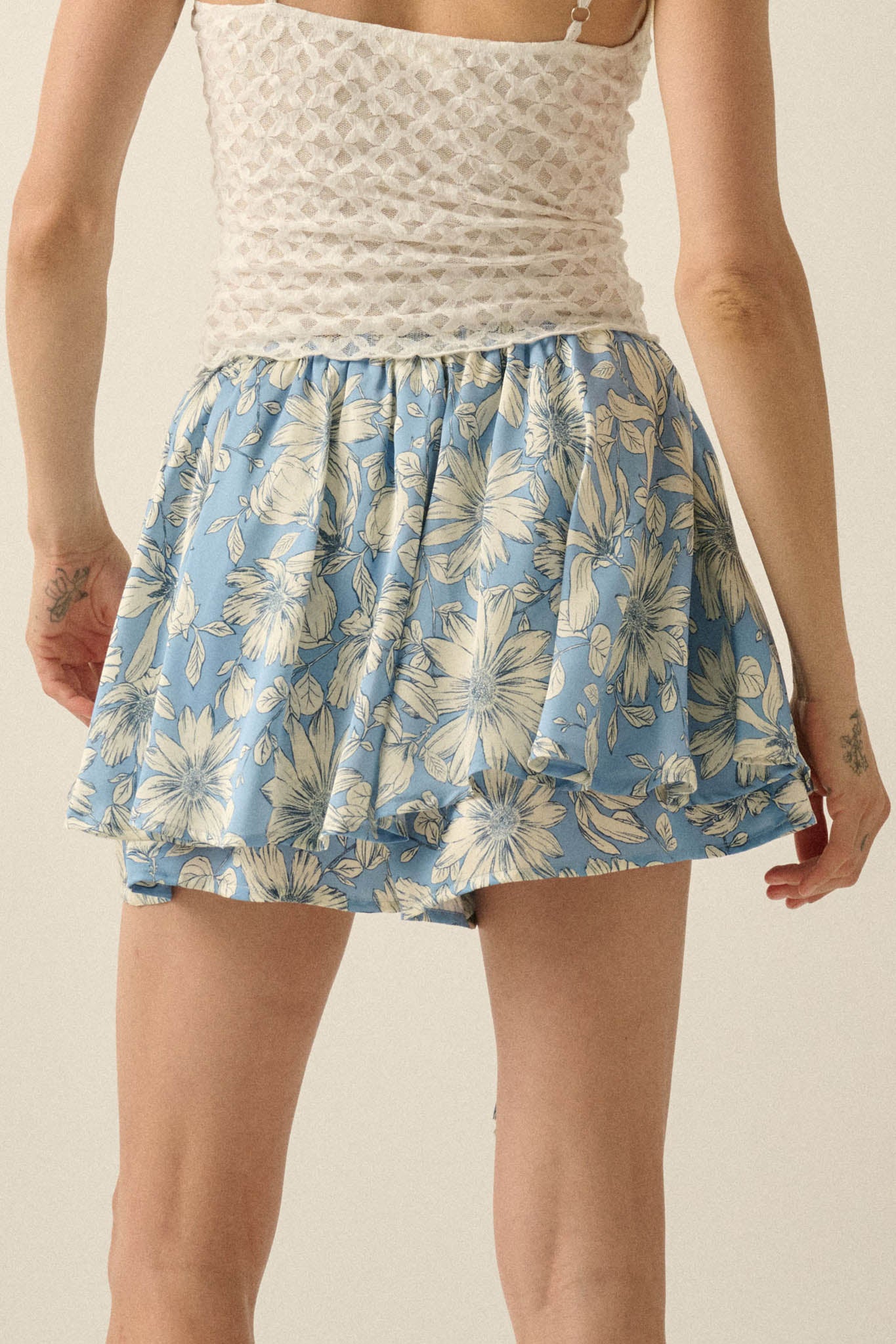 Dancing Daisies Floral Satin Drawstring Mini Skort - ShopPromesa