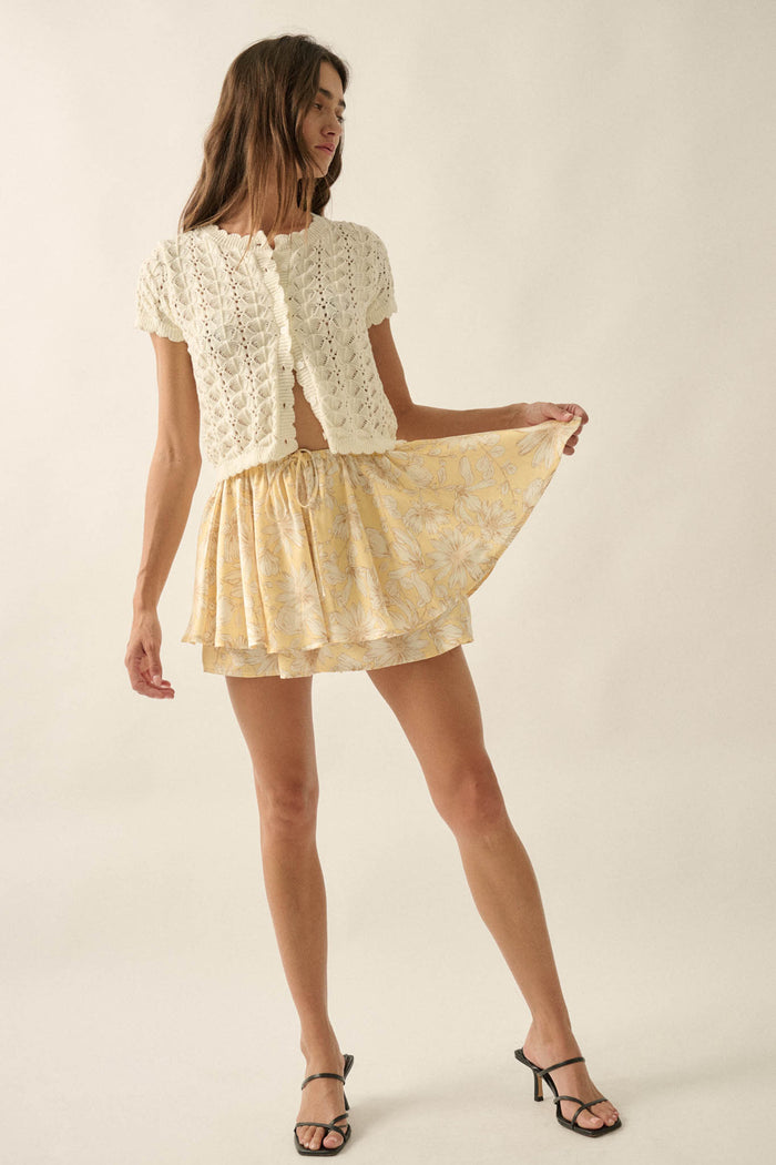 Dancing Daisies Floral Satin Drawstring Mini Skort - ShopPromesa