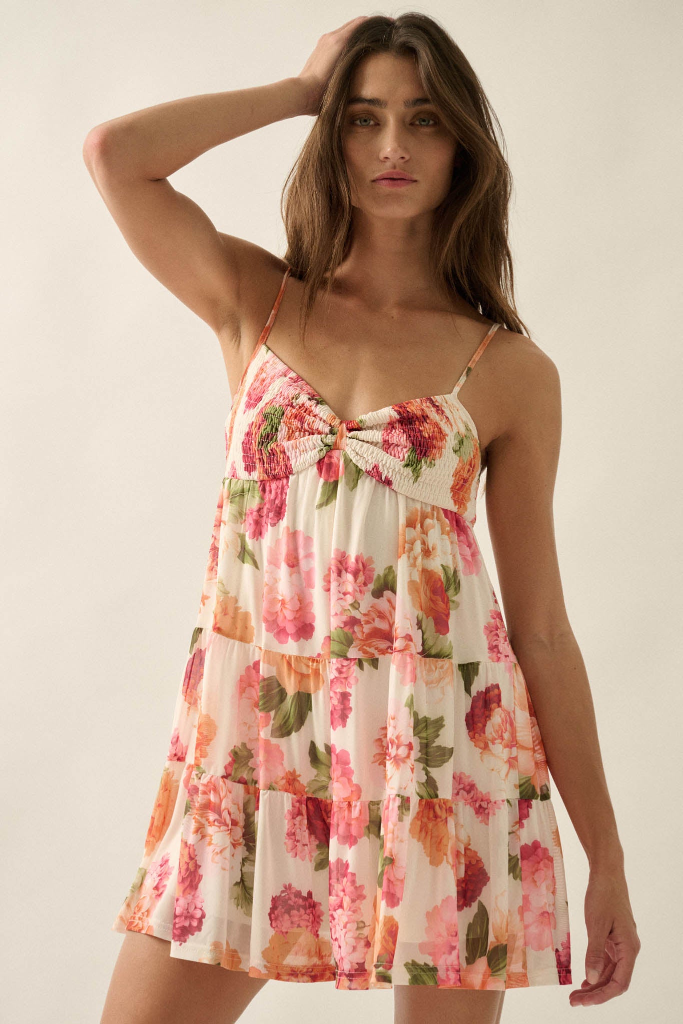 Enchanted Garden Floral Mesh Tiered Babydoll Romper - ShopPromesa