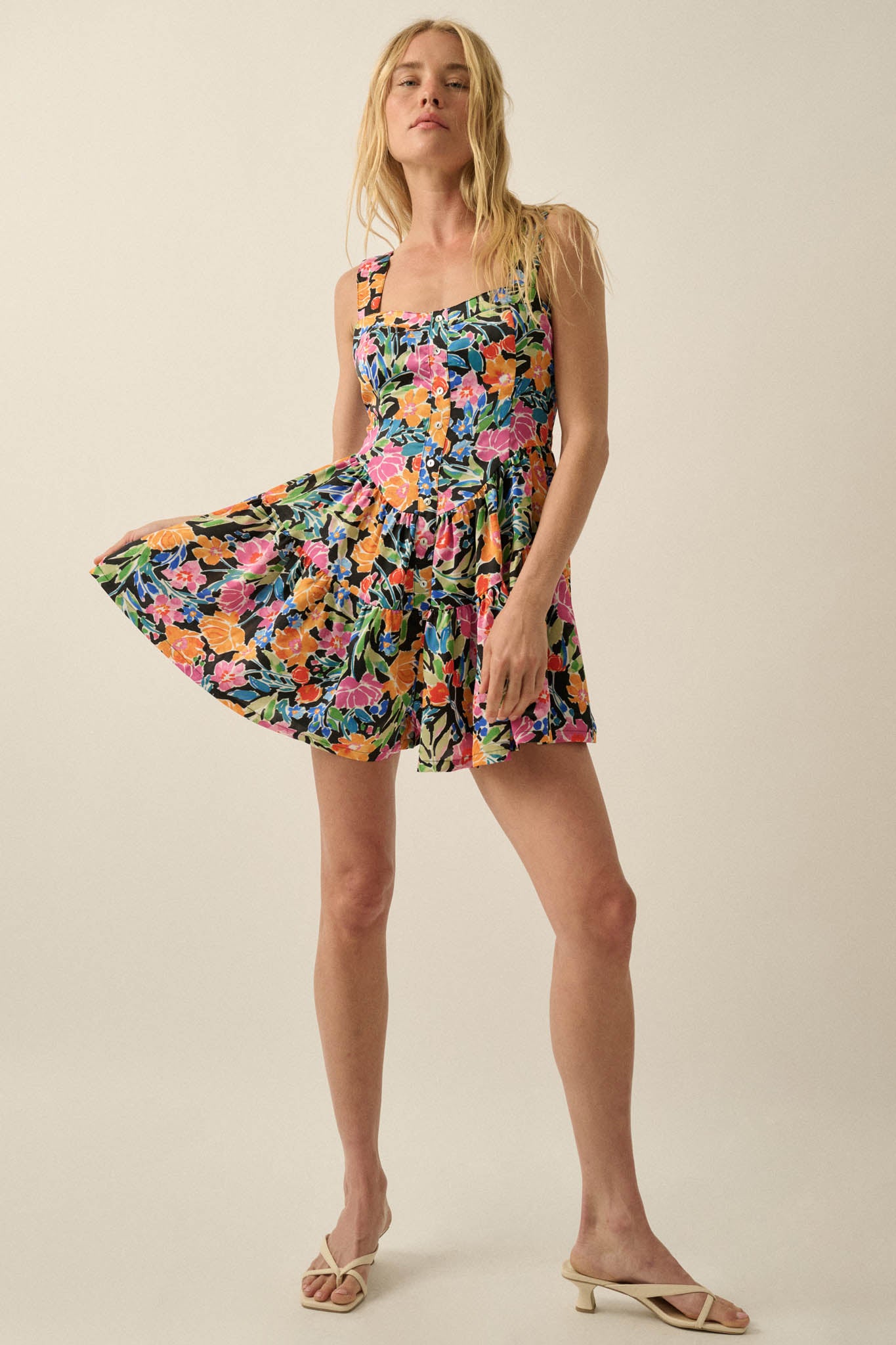 Brilliant Buds Floral Satin Tiered Ruffle Romper - ShopPromesa