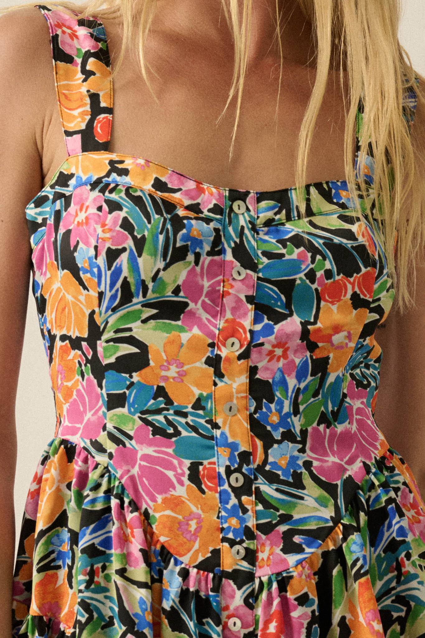 Brilliant Buds Floral Satin Tiered Ruffle Romper - ShopPromesa