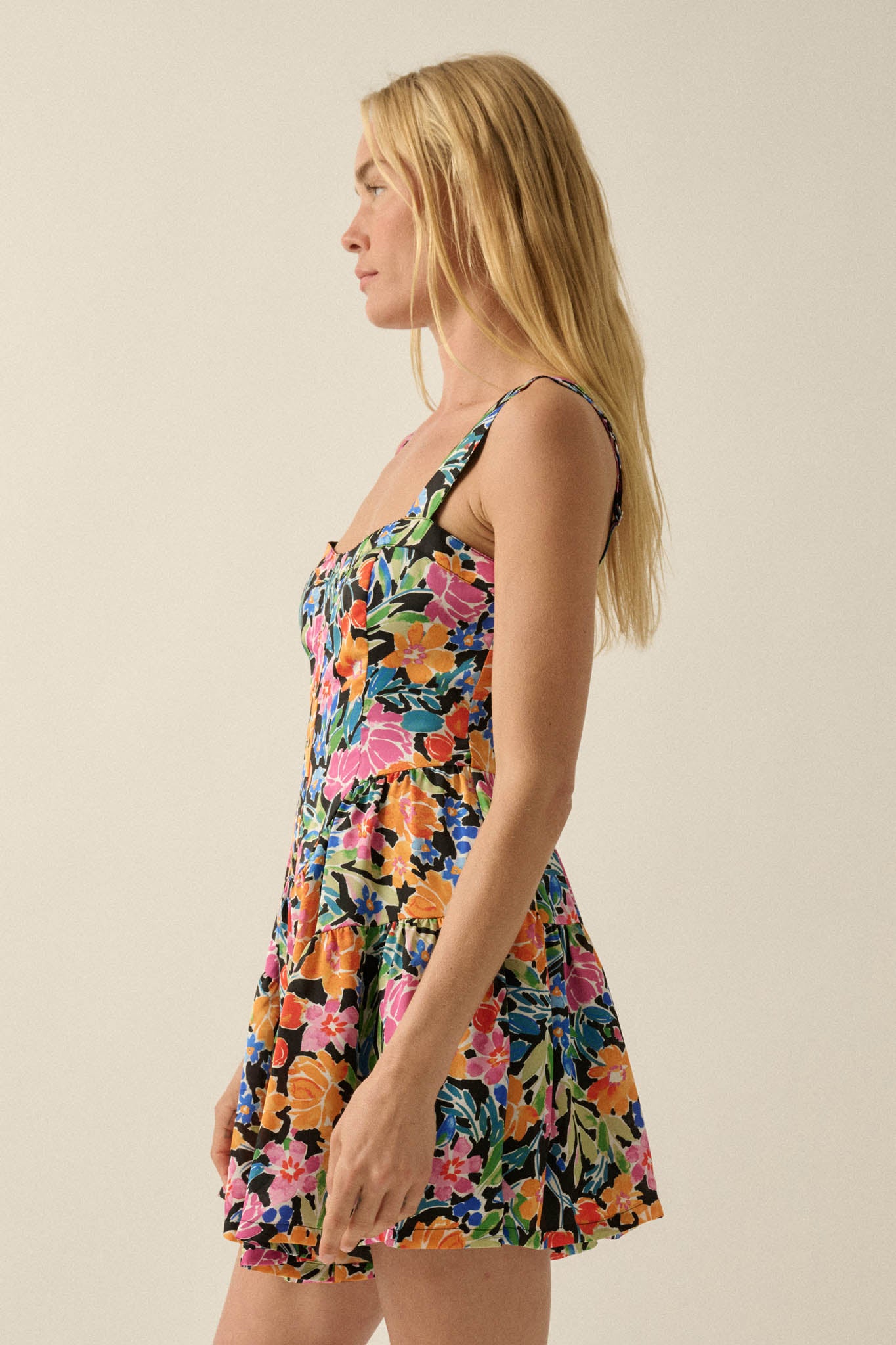 Brilliant Buds Floral Satin Tiered Ruffle Romper - ShopPromesa