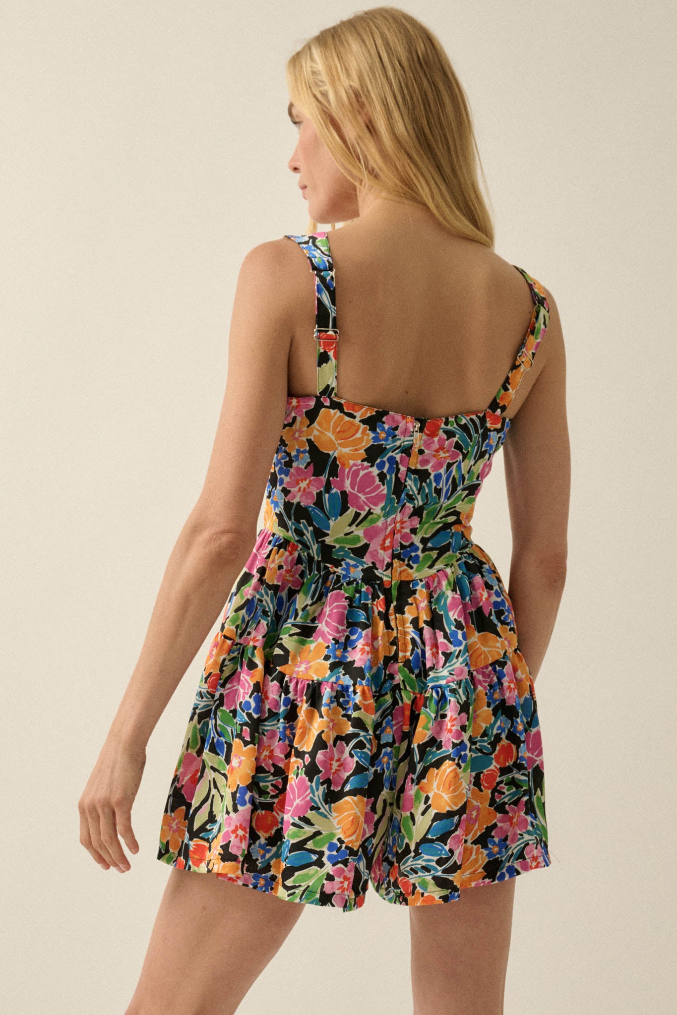 Brilliant Buds Floral Satin Tiered Ruffle Romper - ShopPromesa