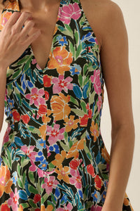 Vibrant Blooms Floral Satin V-Neck Halter Romper - ShopPromesa