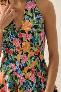 Vibrant Blooms Floral Satin V-Neck Halter Romper - ShopPromesa