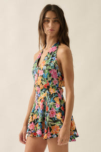 Vibrant Blooms Floral Satin V-Neck Halter Romper - ShopPromesa