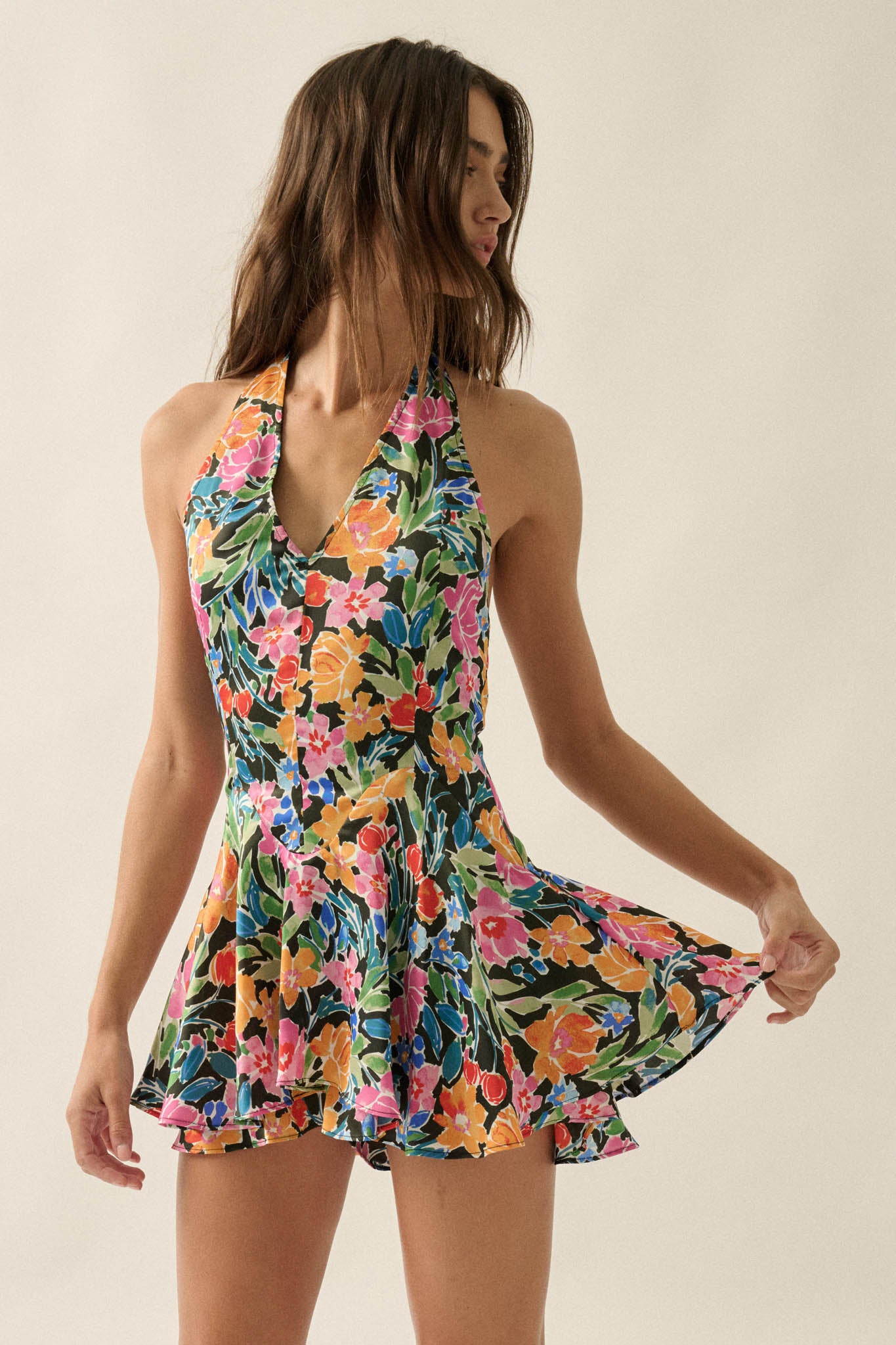 Vibrant Blooms Floral Satin V-Neck Halter Romper - ShopPromesa