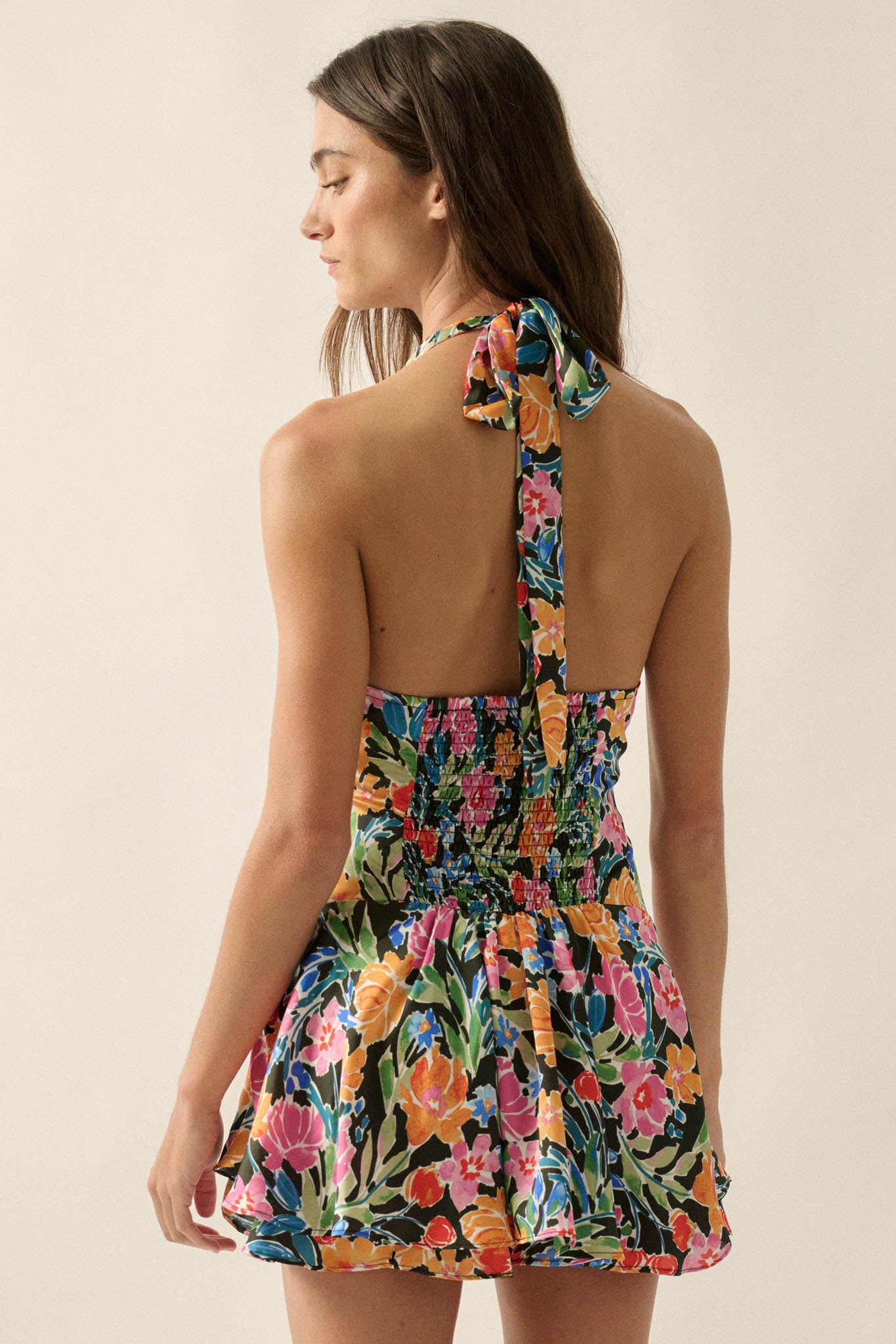 Vibrant Blooms Floral Satin V-Neck Halter Romper - ShopPromesa