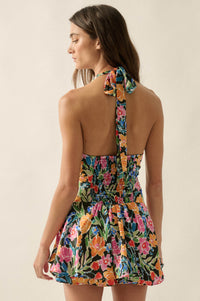 Vibrant Blooms Floral Satin V-Neck Halter Romper - ShopPromesa
