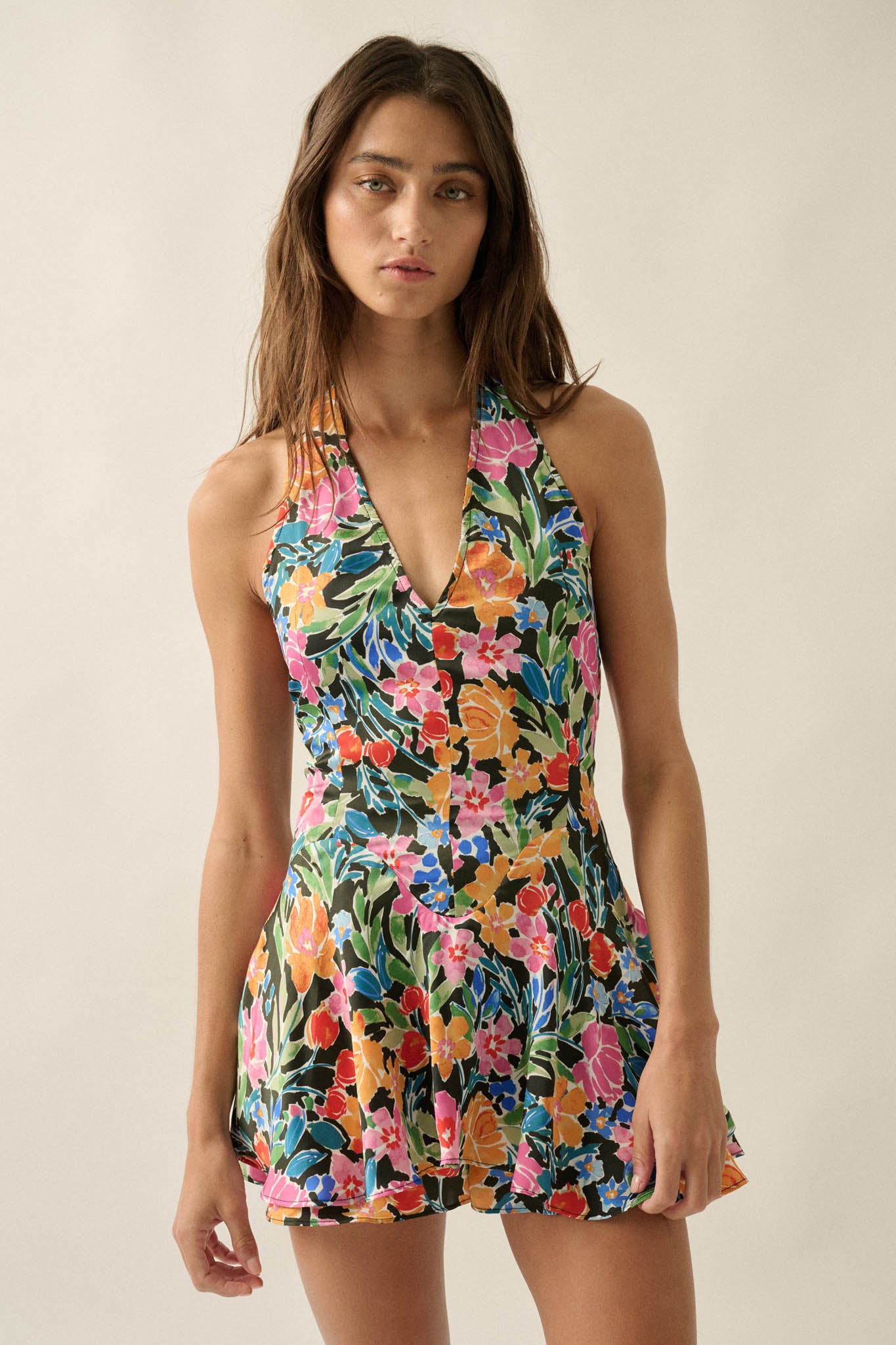 Vibrant Blooms Floral Satin V-Neck Halter Romper - ShopPromesa