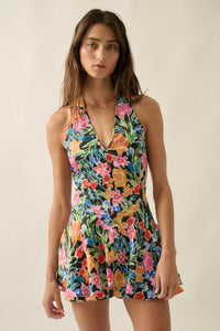 Vibrant Blooms Floral Satin V-Neck Halter Romper - ShopPromesa