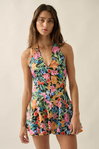 Vibrant Blooms Floral Satin V-Neck Halter Romper - ShopPromesa