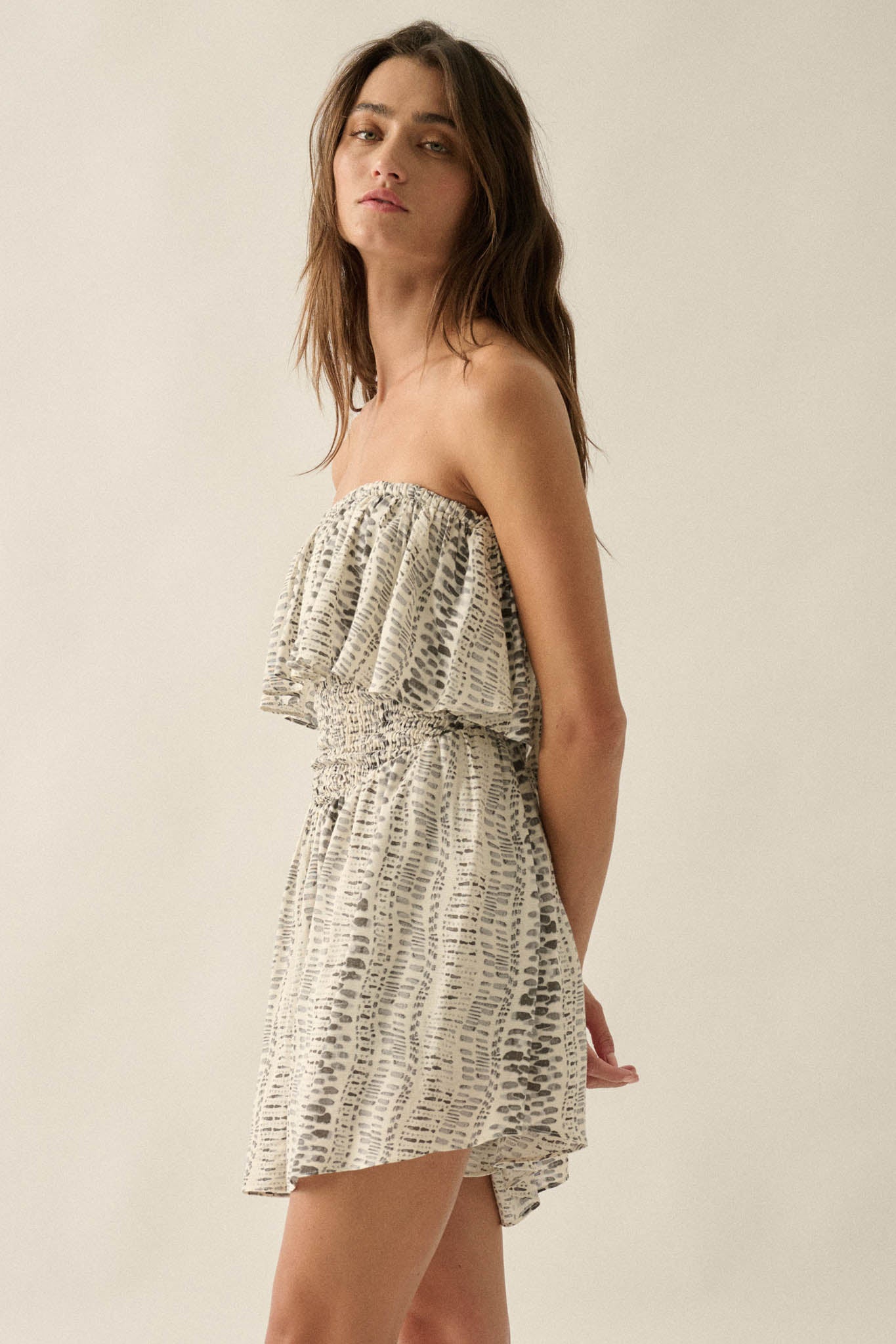 Wander Wild Abstract-Print Strapless Flounce Romper - ShopPromesa